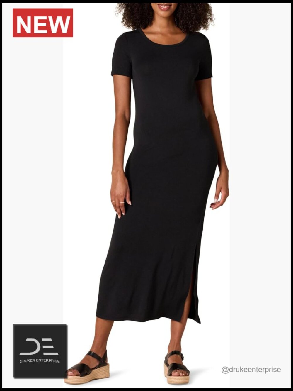 Rayon Stretch Jersey Standard-Fit Short-Sleeve Crewneck Side Slit Maxi Dress